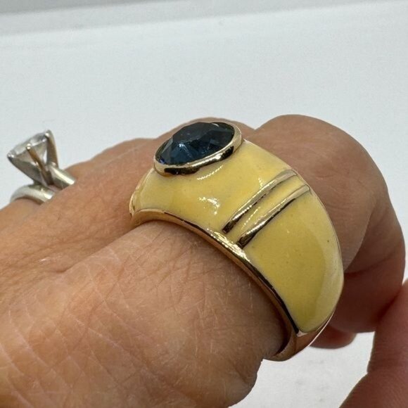 18K Yellow Gold Technibond Plated Ring Blue Topaz size 9 Yellow Enamel - Picture 9 of 9